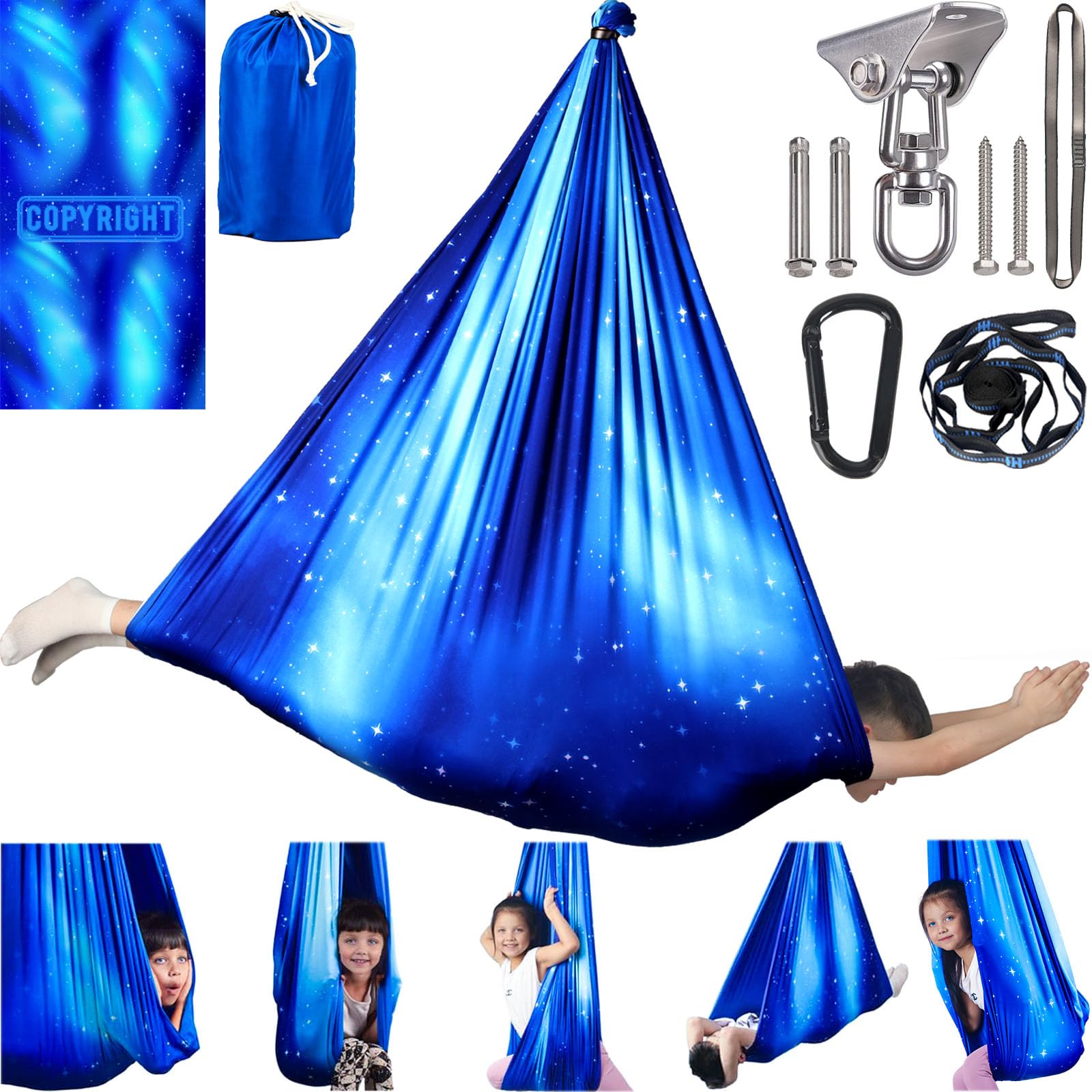 Photo 1 of Sensory Swing for Kids Indoor/Outdoor Double Layer Therapy Cuddle Swing with 360 Swivel Hanger Kit - Adjustable for Child & Adult with Aspergers/Autism (Star Blue)