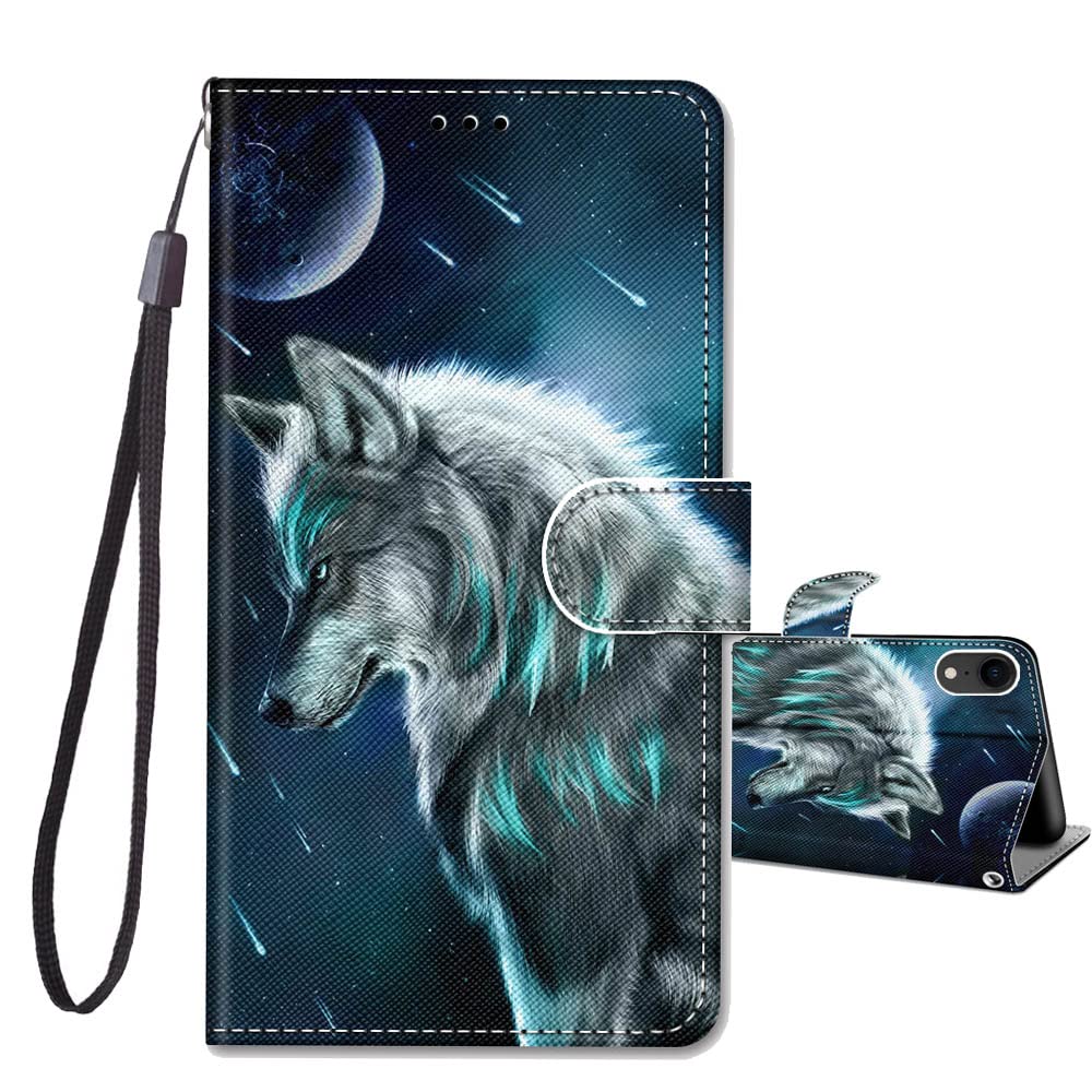 JRIANY for iPhone XR Case, PU Leather Wallet Case with Cute Pattern [Card Holder] [Kickstand], Flip Case, Shockproof Cover Compatible with Apple iPhone XR, Wolf B — image 1
