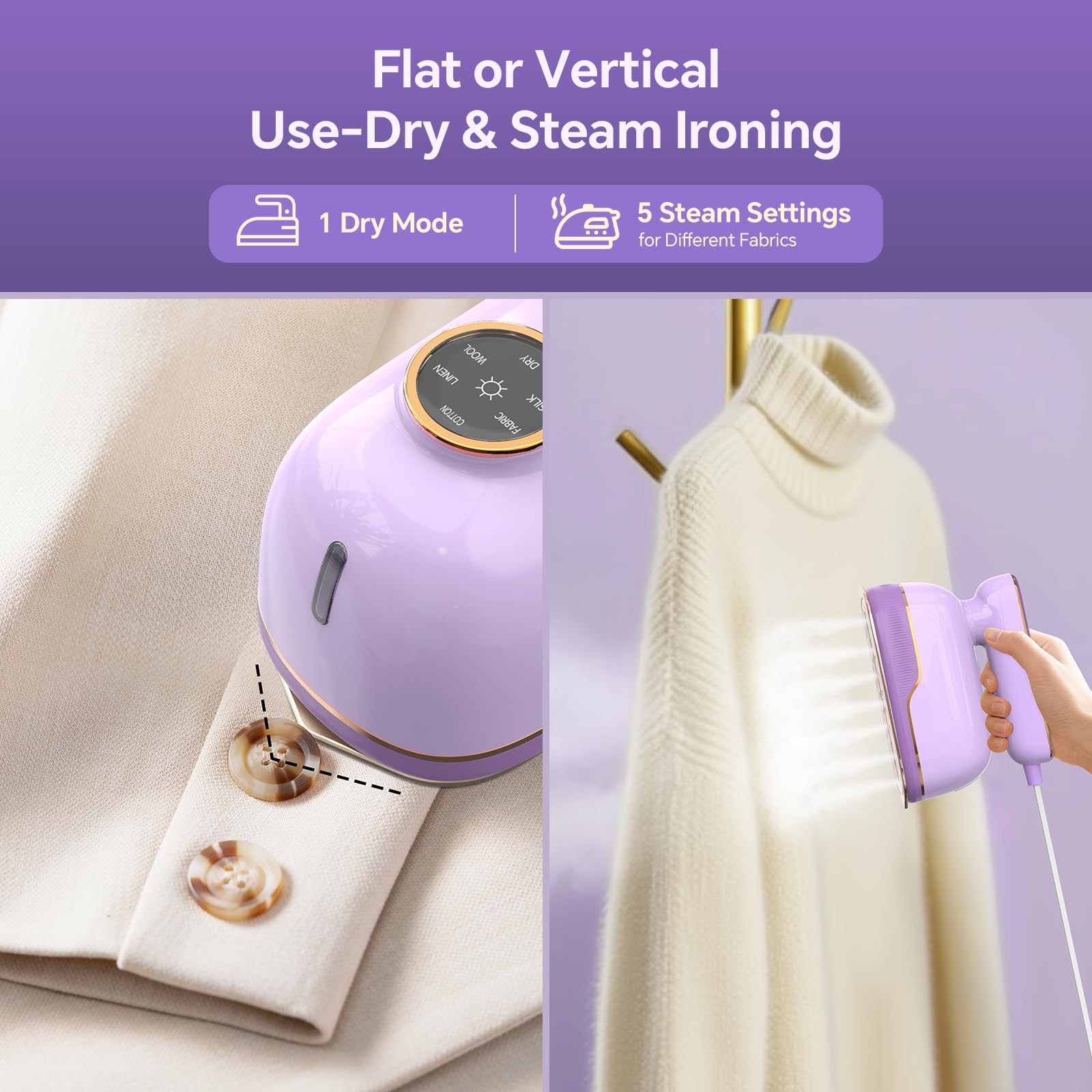 JZOOM Travel Steamer Iron for Clothes, Portable 2-in-1 Dry & Steam Iron, 6 Smart Modes, 180° Rotatable Handle, 15s Fast Heat-Up, 150ml Water Tank, Mini Steamer for Home & Travel