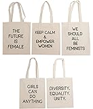 Feminist Tote Bags - 5-Pack Assorted Feminist Text Quotes Designs, 100% Cotton Canvas Reusable Shopping Bags for Women, Perfect Gift for Feminists as Accessory or Bridesmaid Gift, Party Favor, 14