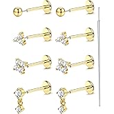 18K Gold Plated Threadless Flat Back Earrings Studs 316L Surgical Steel Push in Nose Studs Rings 20G 18G 16G CZ Tragus Cartilage Helix Conch Lip Labret Medusa Nostril Piercing Jewelry Hypoallergenic