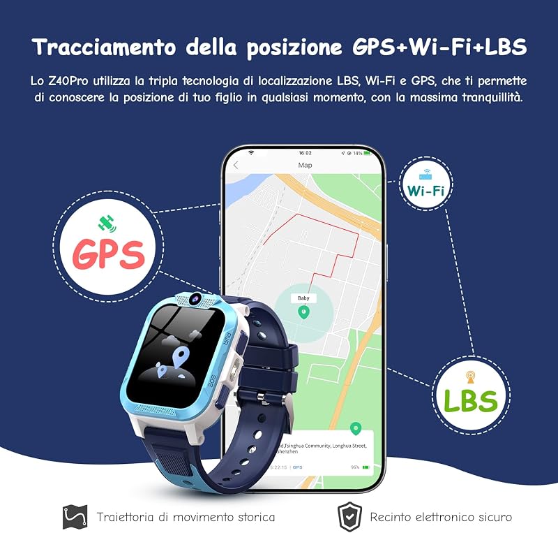 Smartwatch Bambini 4G con Videochiamata HD, 1.85" Orologio Telefono Bambini con GPS, WiFi e LBS, SOS, Batteria 850mAh, Modalità Scuola, Contapassi, Sveglia, IP68 Impermeabile, 5-12 Anni, Blu — foto 3 di 8
