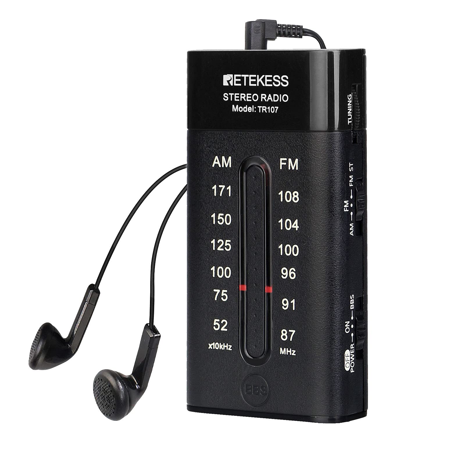 Retekess TR107 Pocket Radio with Headphones, Transistor Radio FM AM, Portable, Bass Boost, AAA Batteries, for Outdoor, Indoor, Simple for Elderly (Black)