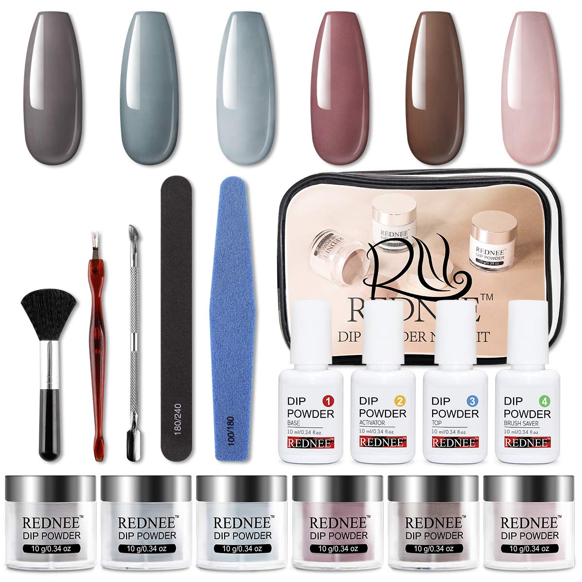 REDNEE Dip Powder Nail Starter Kit 6 Colors with Gel Liquid Essential Tools 16pcs Dipping Powder for Travel - RE02 Morandi Color