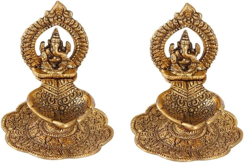 Handicrafts Paradise Ganesh Diya Pair in Metal with Swastik Engraved in Hand Golden Finish