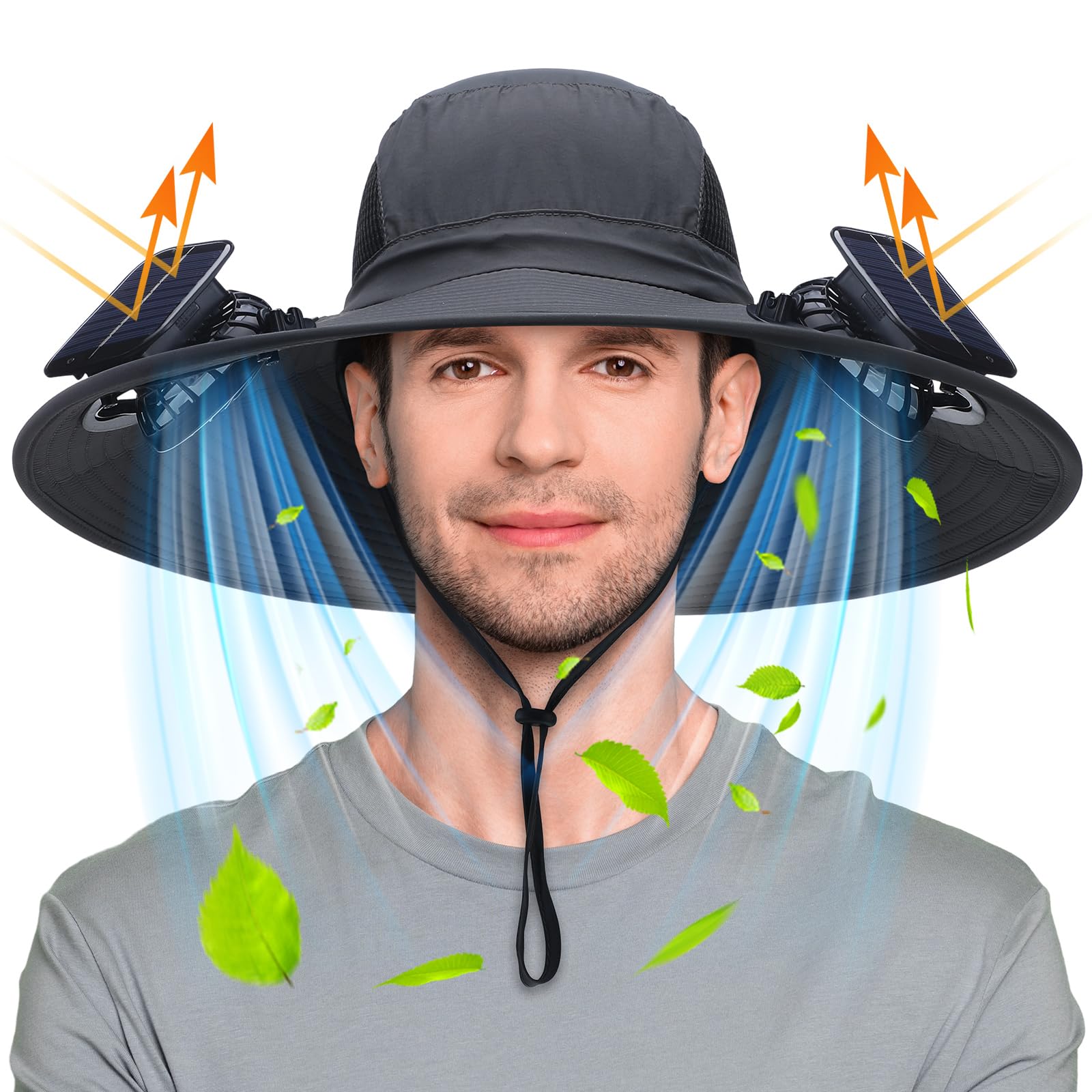 Photo 1 of Berlune Men Sun Hat with 2 Solar Fan Fishing Wide Brim Sun Hat for Beach Outdoor Summer Camping, USB & Solar Powered(Dark Gray,Simple)
