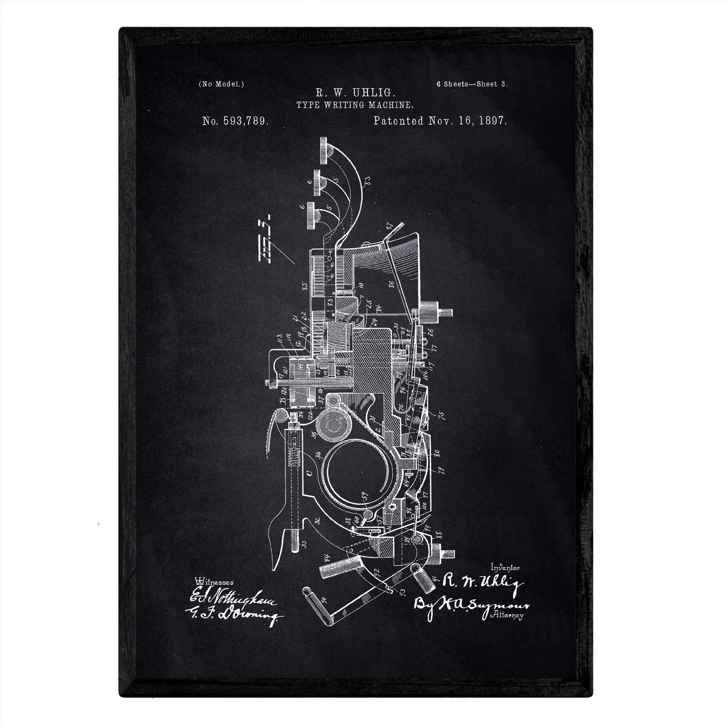 Nacnic Poster patent Typewriter 2. Foil with old design patent in A3 size with black background