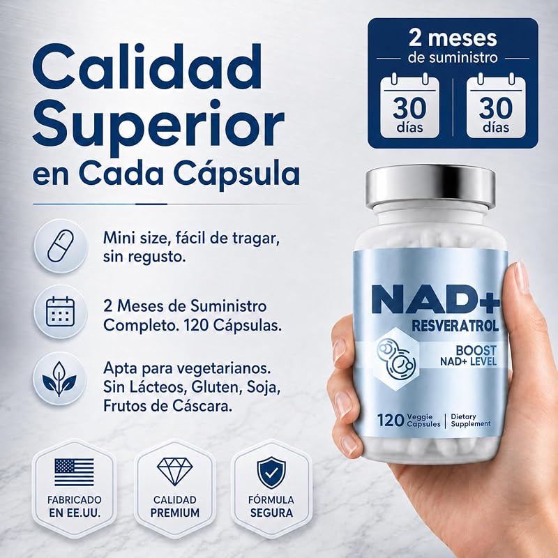 Suplemento de NAD+, 1500 mg de NAD e 250 mg de Trans-Resveratrol por porção, NAD Resveratrol para Suporte à Energia Celular, Vitalidade Diária e Envelhecimento Saudável, 120 Cápsulas Vegan