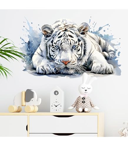 RoyoLam Cool Watercolor Lying White Tiger Wall Decal - Removable Peel & Stick Nursery Animal Wall Art