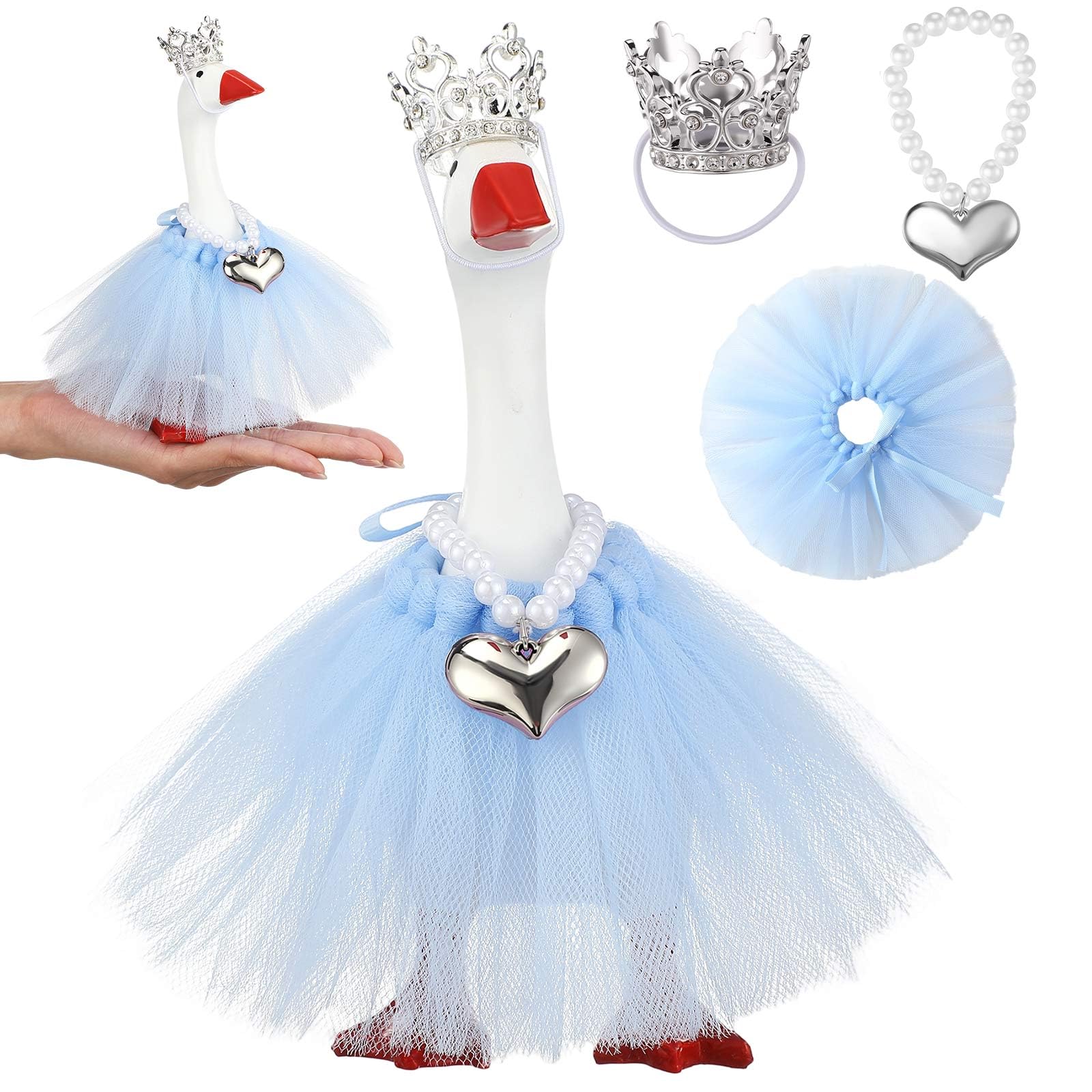 Sunnymove 7 Inch Winter Mini Desk Goose Outfits with Crystal Rhinestone Tiara Crown Necklace Tutu Dress Magnetic Goose Key Holder Princess Customs for Statue Duck Key Holder(Blue)