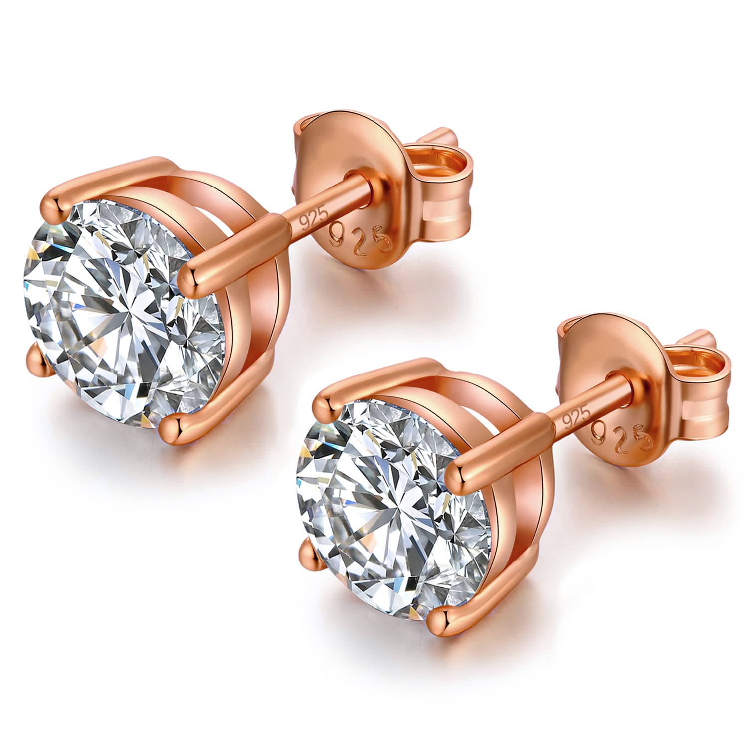 Rose Gold Stud Earrings for Women Earrings 925 Rose Gold Diamond Earrings Sterling Silver Earrings Women Cubic Zirconia Stud Earrings Hypoallergenic Rose Gold Studs Princess Cut Earrings 7mm