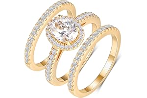 MDFUN Three in One Round/Oval/Eye/Teardrop Halo Wedding Bands Set Engagement Rings 18K Yellow Gold Plated Cubic Zirconia Promise Eternity Band for Women Size 5-10