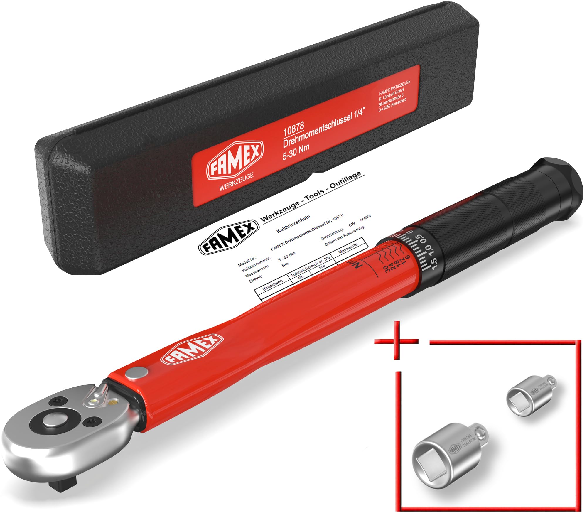 FAMEX 10878-2A Drehmomentschlüssel 1/4 Zoll (6,3mm)-Antrieb 5-30 Nm - für Messung in beiden Drehrichtungen - Fahrrad E-Bike Auto Feinmechanik, geprüft, klein + 2 Adapter 3