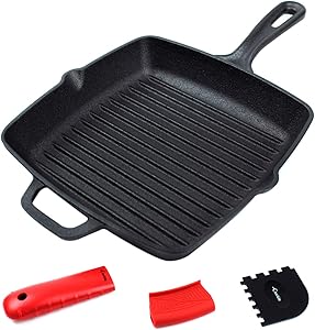 Cast Iron Grill Pan with Extra Thick Silicone Hot Handle Holder, Assist Handle Holder, Grill Scraper