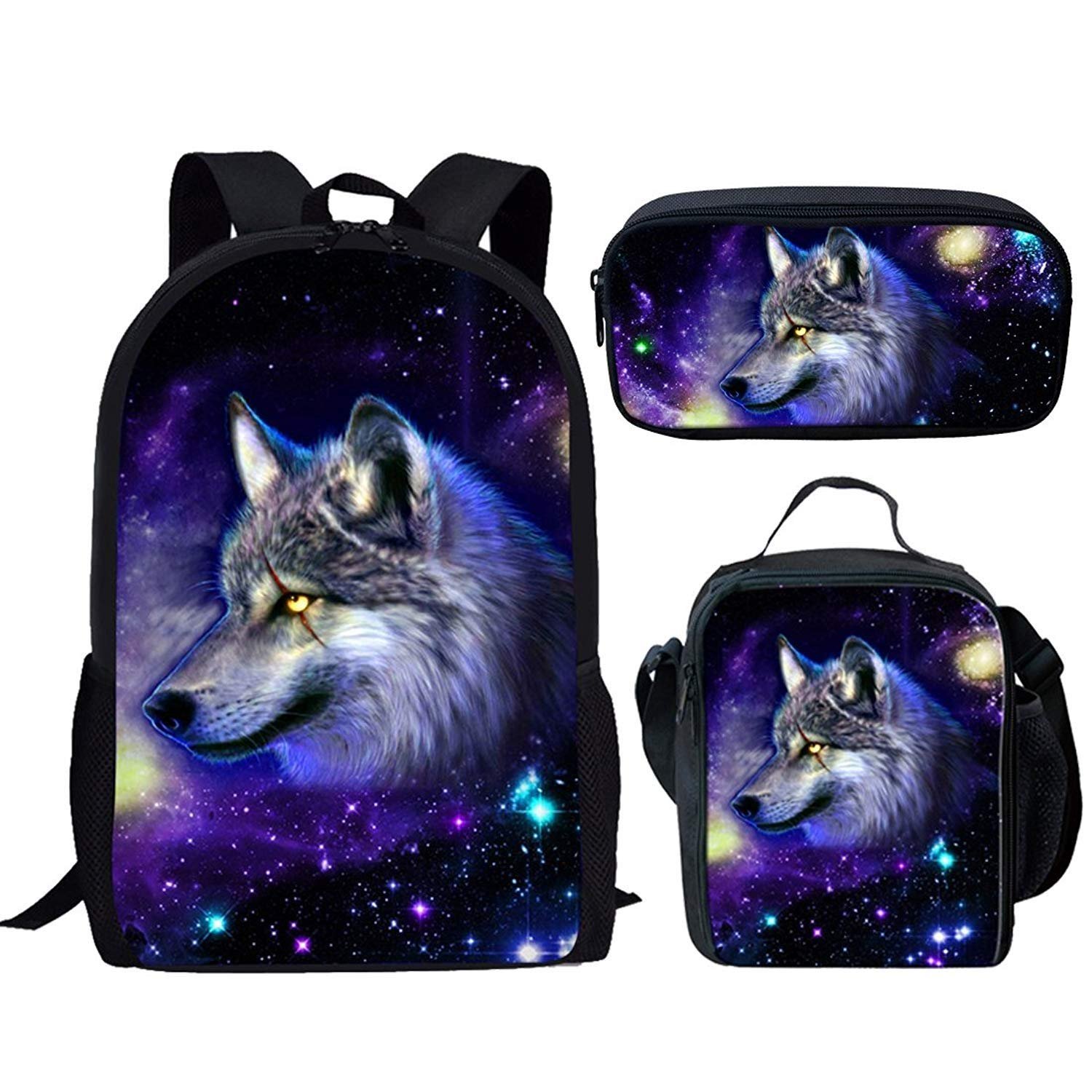 HUGS IDEA Galaxy Wolf Backpack Set for Kids 3 Piece Teen Boys School Bag with Thermal Lunch Boxes Pencil Holder