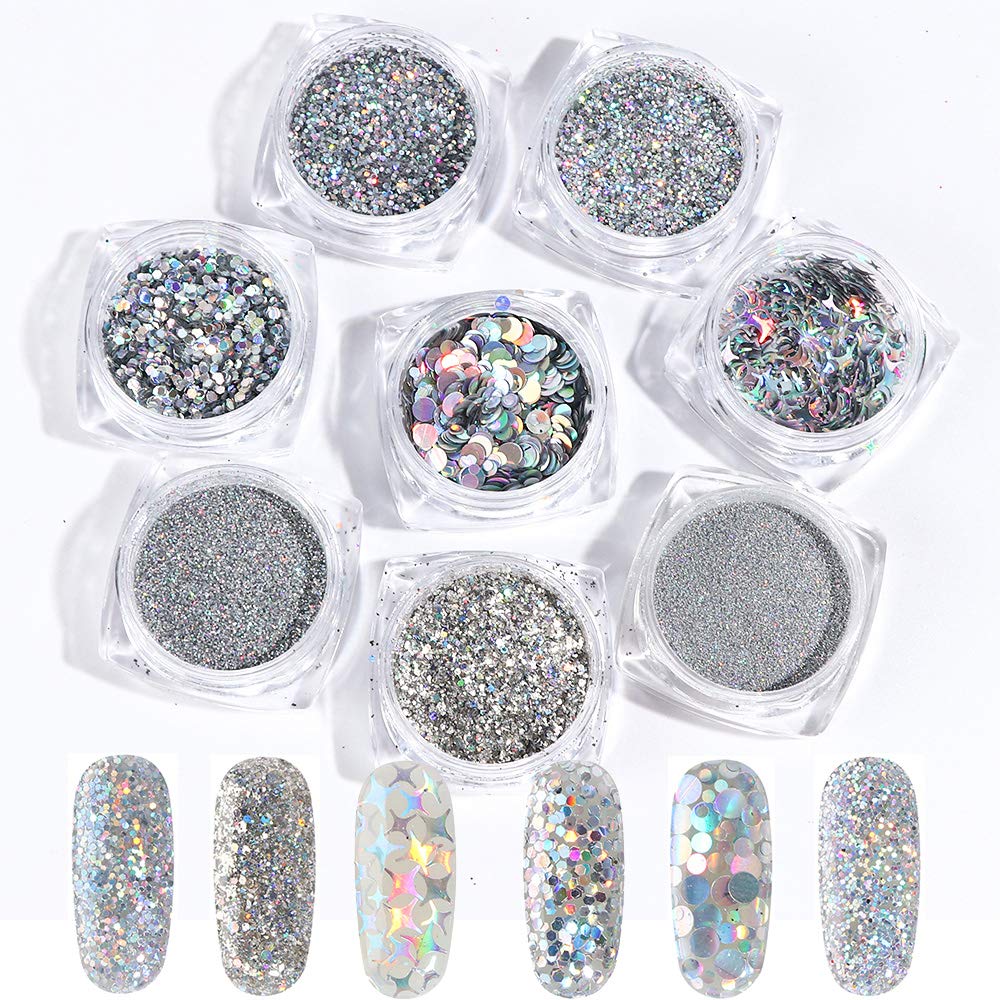 Macute Gold Nail Glitters 8 Colors Metallic Nail Art Sequins for Women Fingernails and Toenails Beauty Designs Manicure Tips Charms Face Decoration Kit Body Accessory Shining Flakes : Beauty