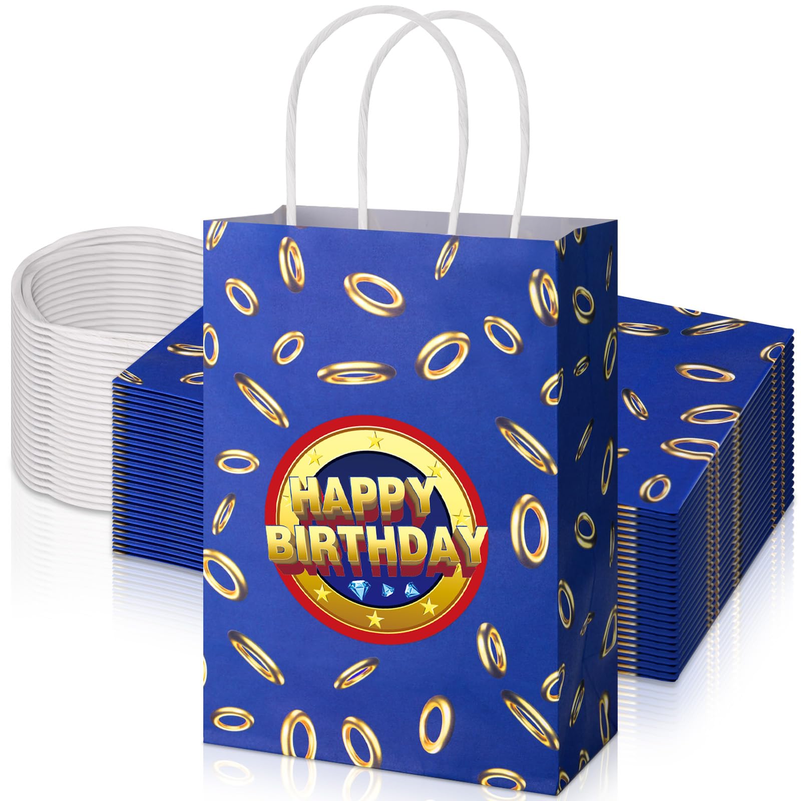 Photo 1 of 24 Pcs Blue Party Favor Bags with Handles Gold Ring Paper Goodie Bags Video Game Treat Bags 8.3 x 5.9 x 3.1 Inches for Birthday Party Boys Girls Supplies Gift Candy Snacks