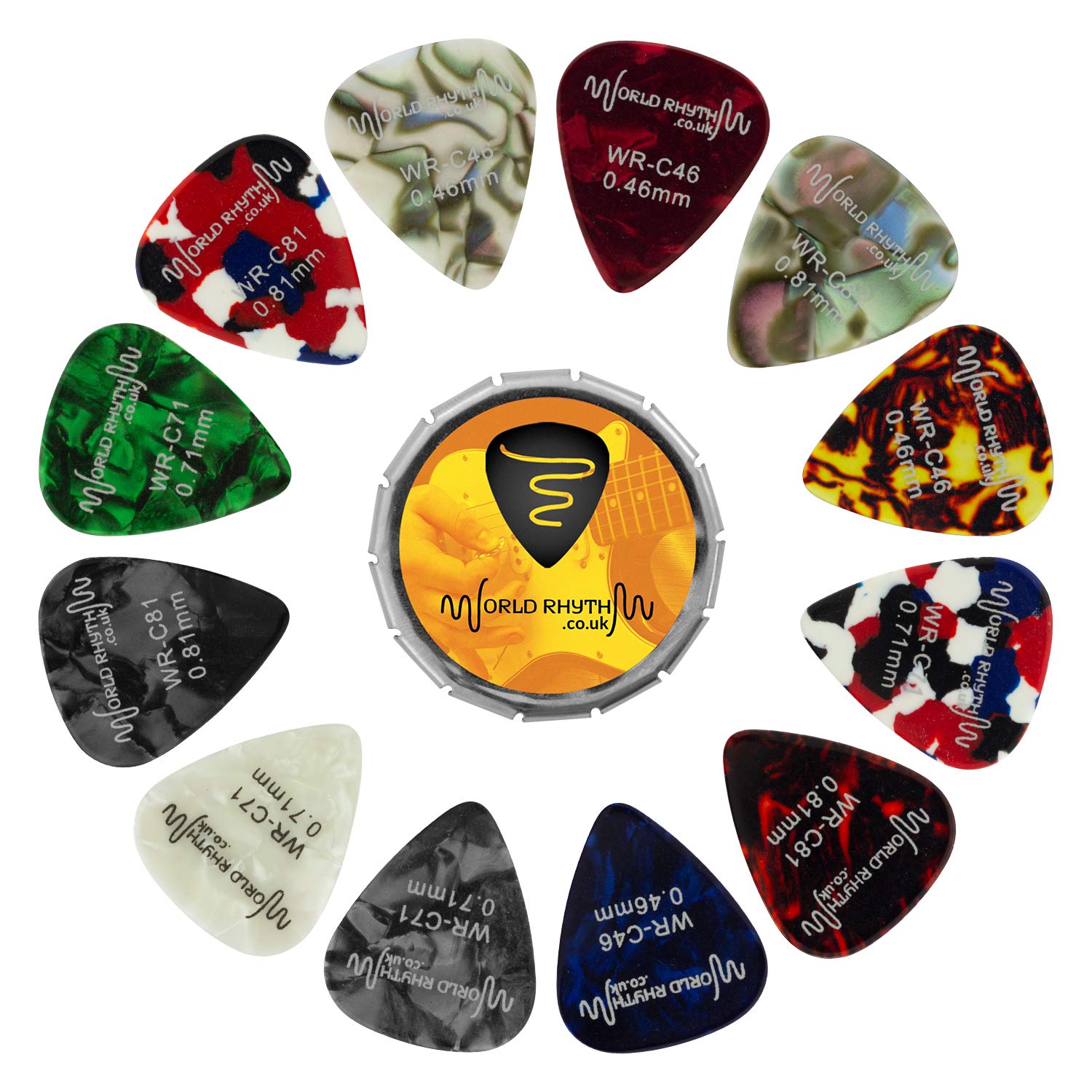 Guitar Picks with Storage Tin - 12 Mixed Gauge Guitar Plectrums - 0.46mm, 0.71mm, 0.81mm World Rhythm WR-208