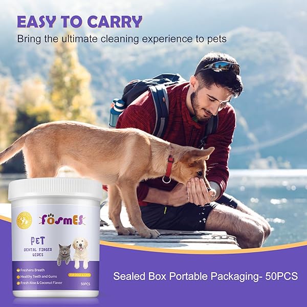 OUYOFI TEETH CLEANING FINGER WIPES FOR DOGS & CATS, REDUCES TARTAR & FRESHENS BREATH DENTAL WIPES，NATURAL MILD INGREDIENTS,DISPOSABLE DOG TEETH CLEANING WIPES,50PCS