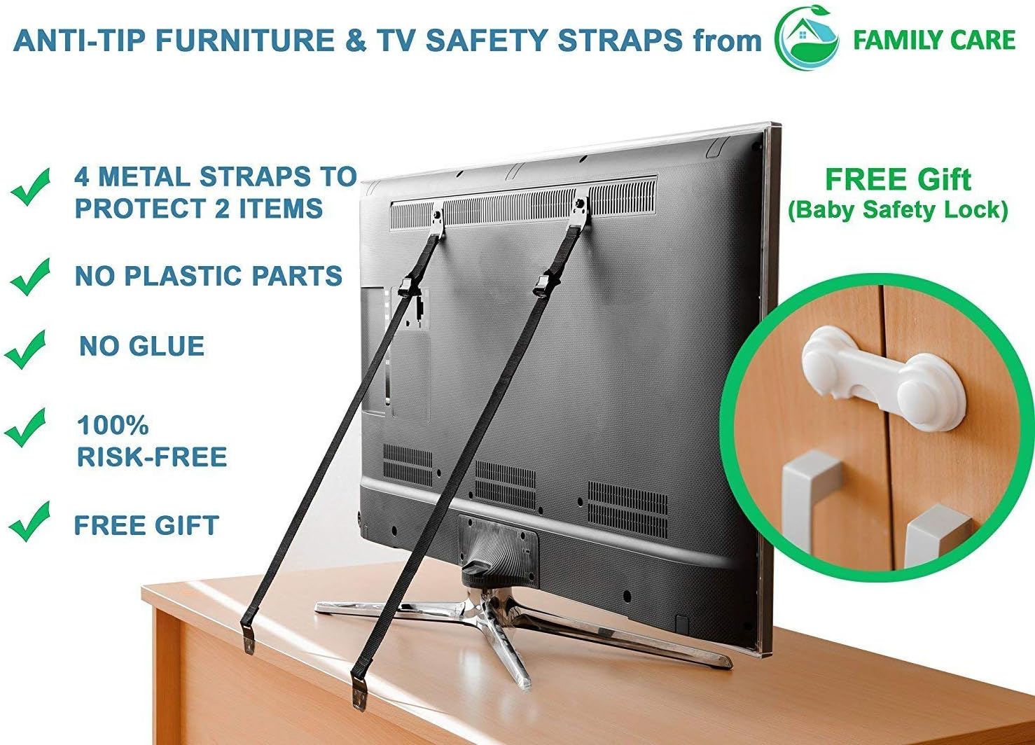 Heavy Duty AntiTip Furniture Straps Set for Child Proofing (4 Pieces