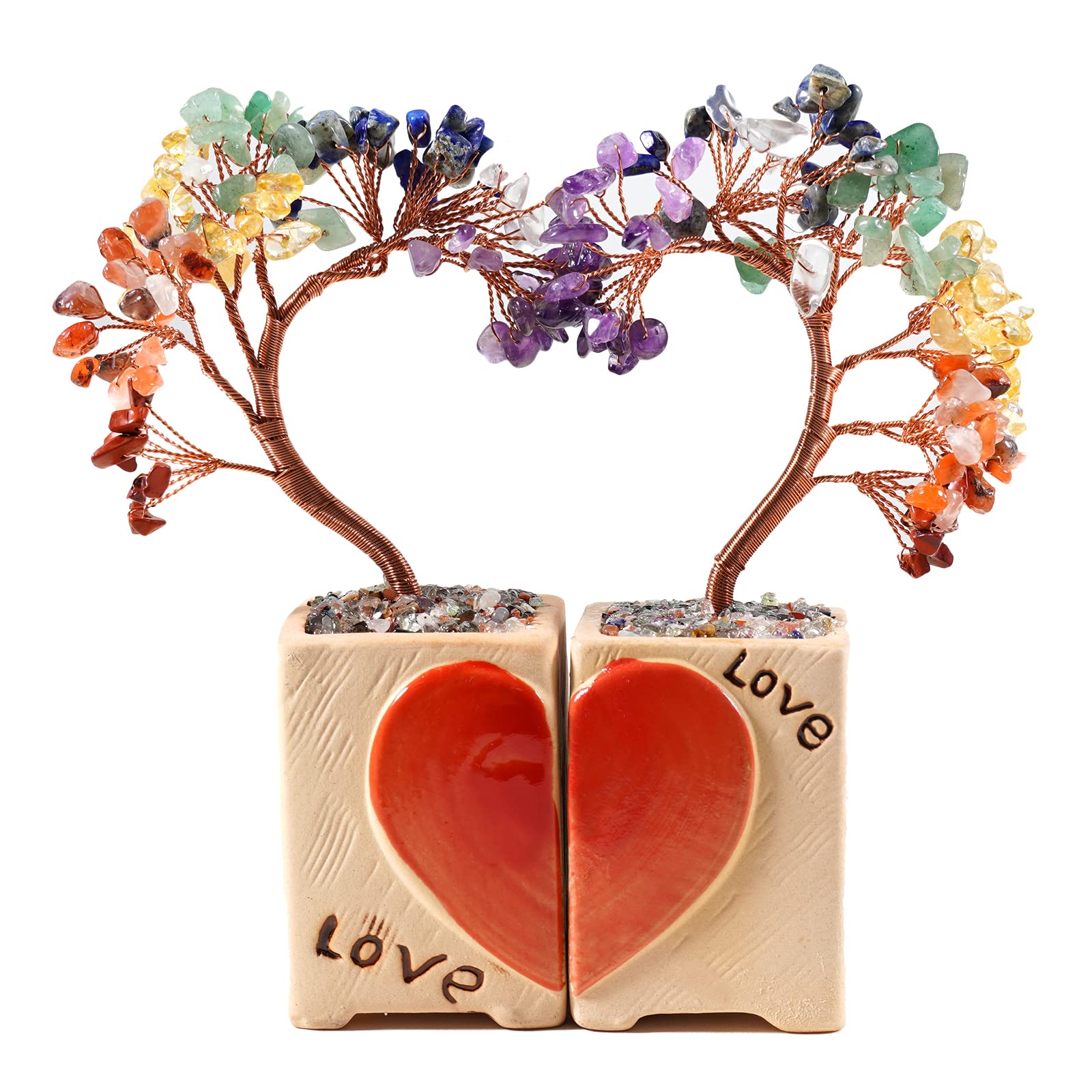 soulnioi Natural Crystal Tree Ornament Love Heart Healing Crystal Gemstone Money Crushed Stone Tree Love Figurine Statue for Couple Wedding Valentines Gift/Home Decoration-7 Chakra