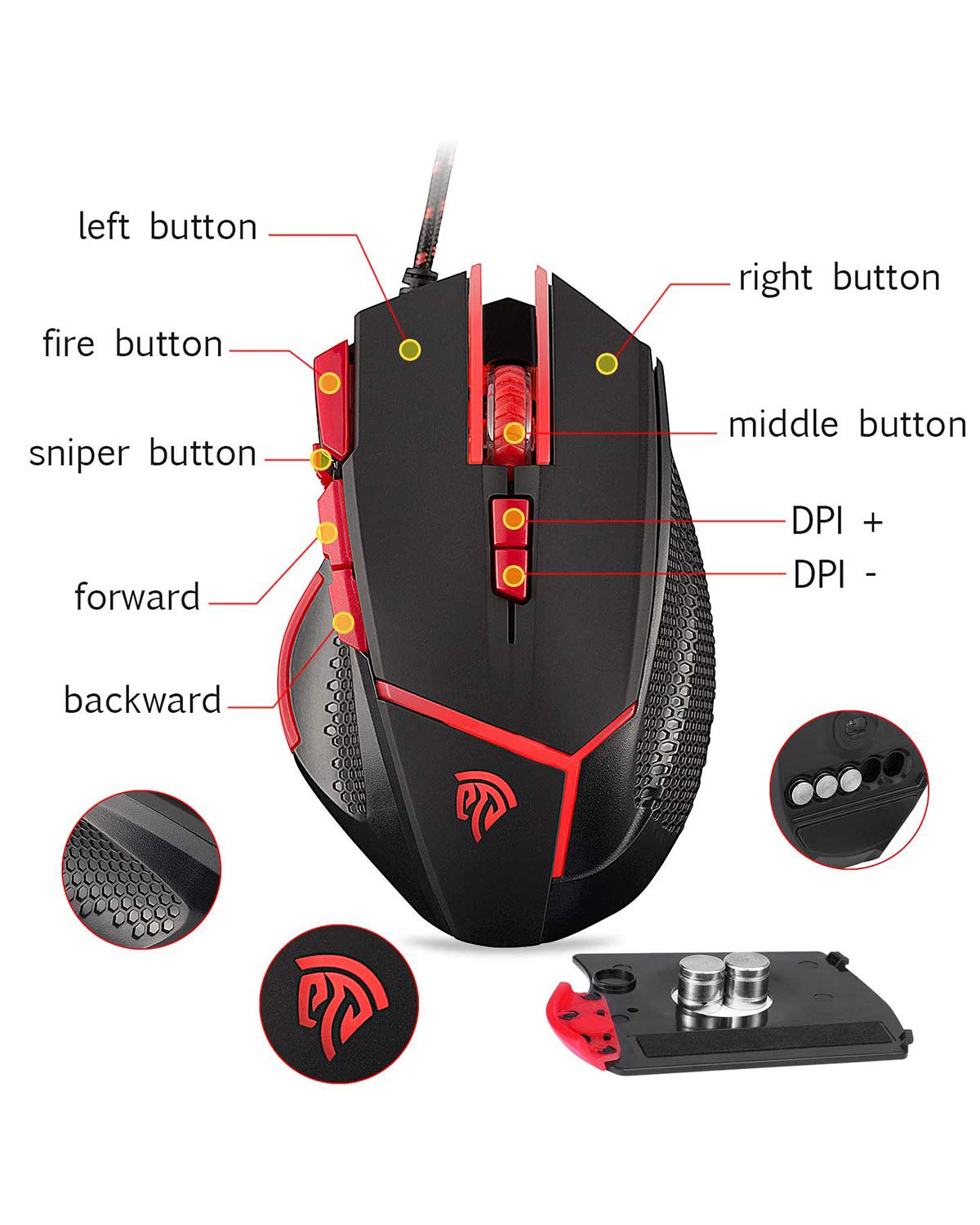 [Wired Gaming Mouse 4000 DPI 9 Buttons Programmable] EasySMX V18 Optical Mouse Weight Tuning Set Non-slip Design with LED Light Fire/Sniper Button for Laptop PC Computer Gamer (Black and Red)