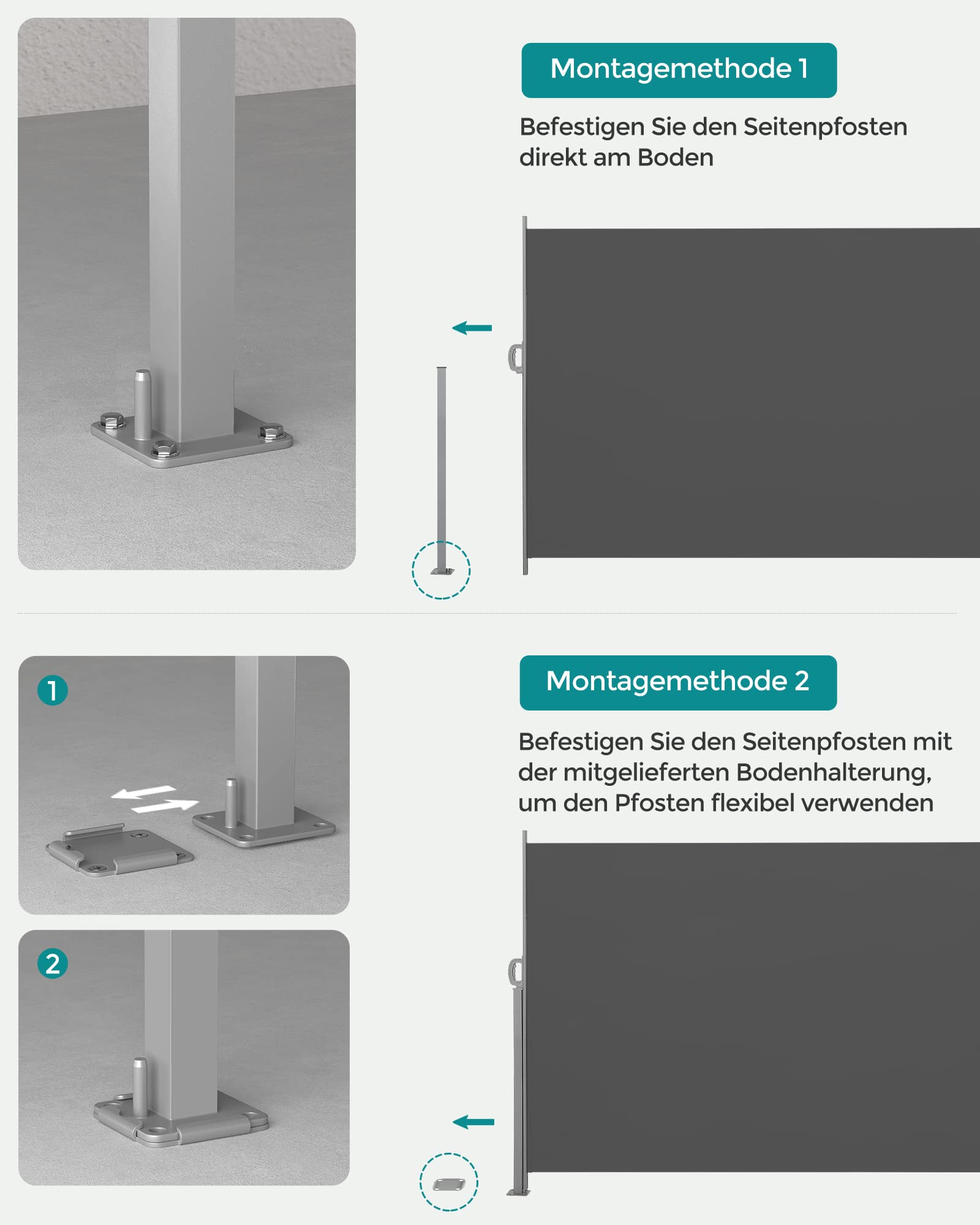 SONGMICS Seitenmarkise mit Stahl-Kasten, rostbeständig, ausziehbar, 160 x 350 cm, Windschutz, Sonnenschutz, Blickdicht, Seitenrollo, für Balkon, Terrasse, Garten, anthrazit GSA165G02 6