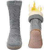 Slipper Socks for Women Grippers, Black Thick Lined Knit Slipper Sock With Sole Non Skid Bottom, Indoor House Fuzzy Slipper Sock for Hospital Floor, Christmas Slipper Socks for Family, Large Size 9-11