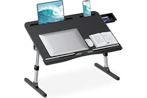 HETTHI Laptop Stand for Bed, Adjustable Leather Bed Desk with Foldable Legs, X-Large Laptop Bed Table Tray with Drawer for Bed Couch Floor Writing Working Reading Eating Painting (Black, 23.6"×15.7")