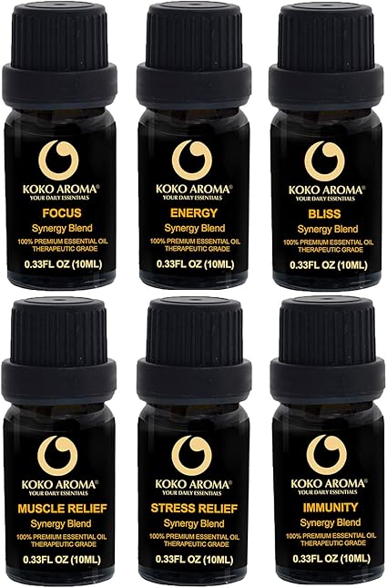 Amazon Com Top 6 Best Essential Oil Blends Therapeutic Grade Aromatherapy Oils Stress Relief Bliss Energy Immunity Focus Muscle Relief Gift Set By Koko Aroma Gift Set Blends6 10ml Health Personal Care