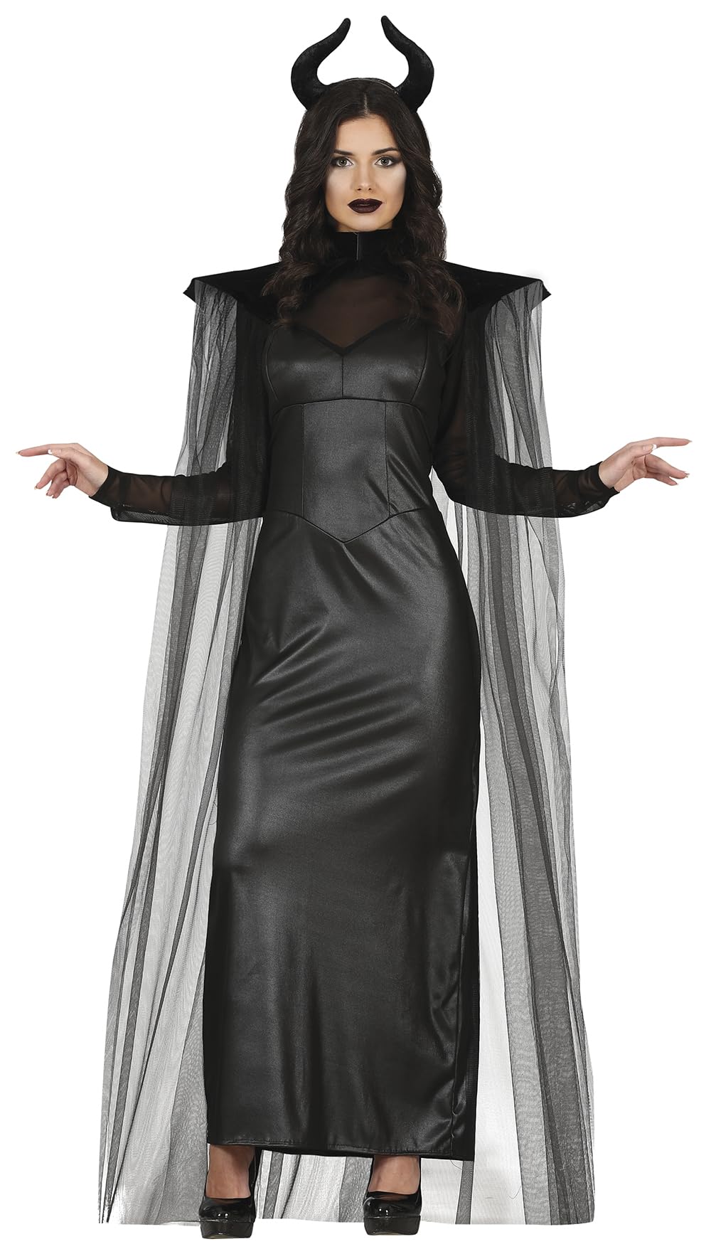 FIESTAS GUIRCA Evil Fairy - Elegant Black Dress with Cape and Horns Fancy Dress Costume Adult Woman Size L 14-16