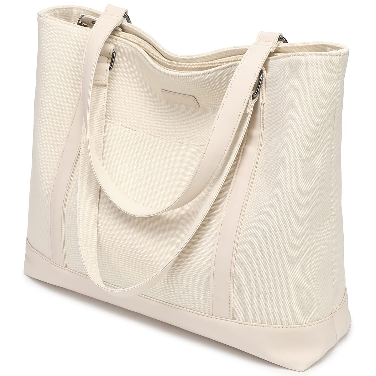 Handmade Laptop Bag For Women Work 13inch Canvas Tote Bags With Protective Pad, Lightweight Professional Computer Briefcase For Office Biness, Casual Handbag With Clutch Purse For Travel Beige Black