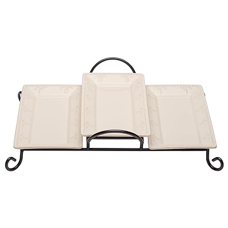 Signature Housewares Stoneware Serving Trays in Tiered Caddy Ivory Set of 3