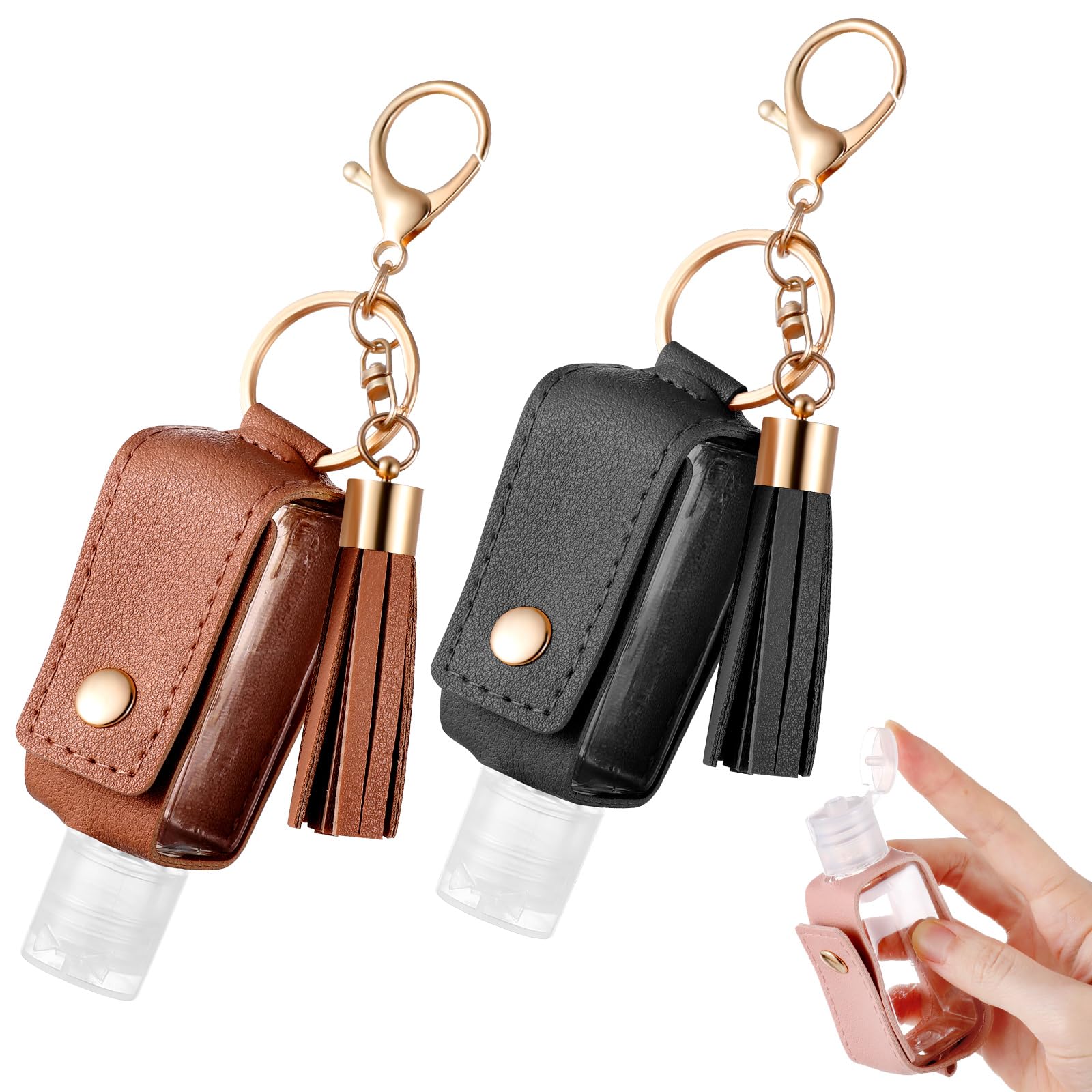 PEOVLVN 2Pcs Portable Leather Hand Sanitizer Holder, Travel Size Keychain Case Refillable Bottle for Toiletry Lotion Liquid Soap Shampoo (Black, Brown)