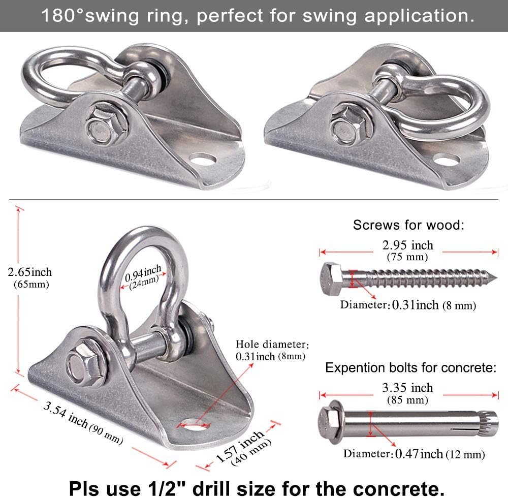 SELEWARE Permanent Antirust 304 Stainless Steel Heavy Duty 180° Swing Hangers, 1000 lb Capacity Suspension Swing Hardware Hooks with 4 Screws for Playground Porch Yoga Hammock Chair Swing Set,2 Pack: Toys & Games