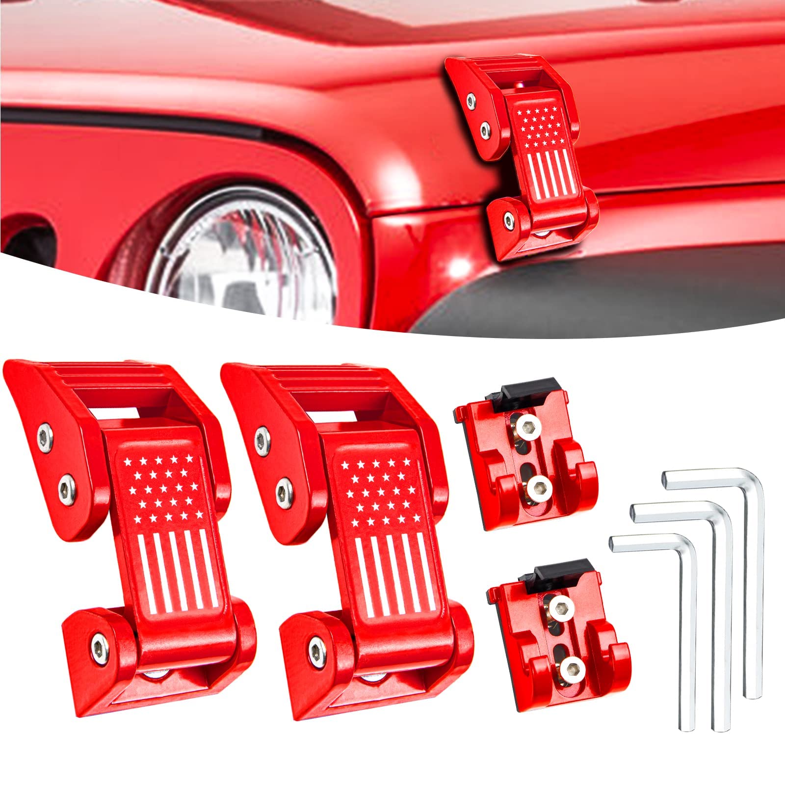 Photo 1 of 2025 Newest Aluminum Hood Latches Catch Kit Compatiable with Jeep Wrangler JK JKU 2007-2018 Sahara Freedom Sports Rubicon & Jeep Wrangler JL JLU 2018-2025 & Gladiator JT 2020-2025 -1 Pair/Red