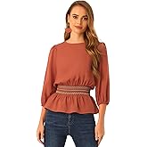 Allegra K Peplum Tops for Women's 3/4 Sleeve Smocked Waist Blouse