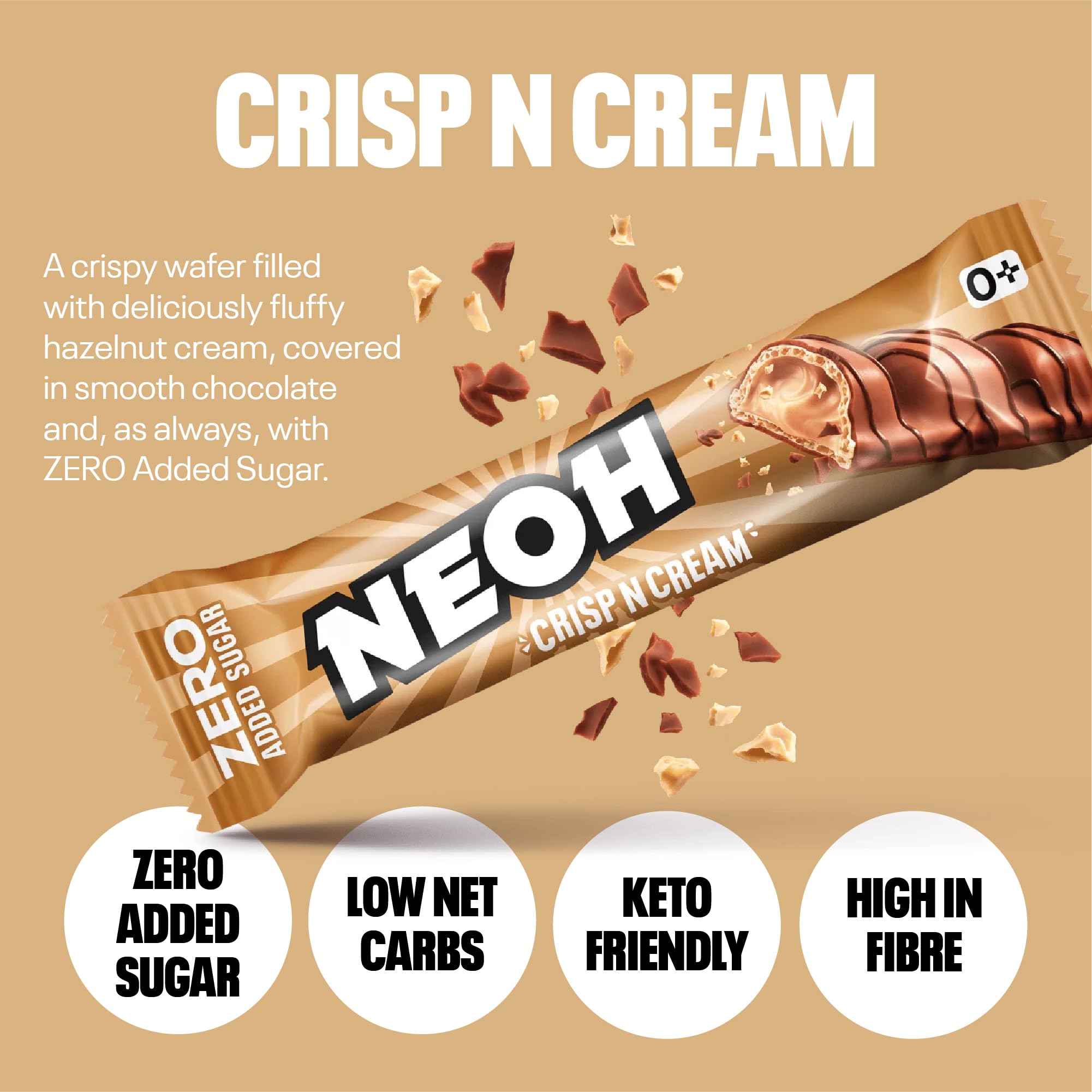 NEOH Zero Added Sugar Crisp and Cream, Milch-Haselnuss-Creme mit Kakaoüberzug, Vegetarisch & Low Carb, 3g Nettokohlenhydrate pro Portion, Die gesunde Alternative, 20x22g Crisp n Cream 4