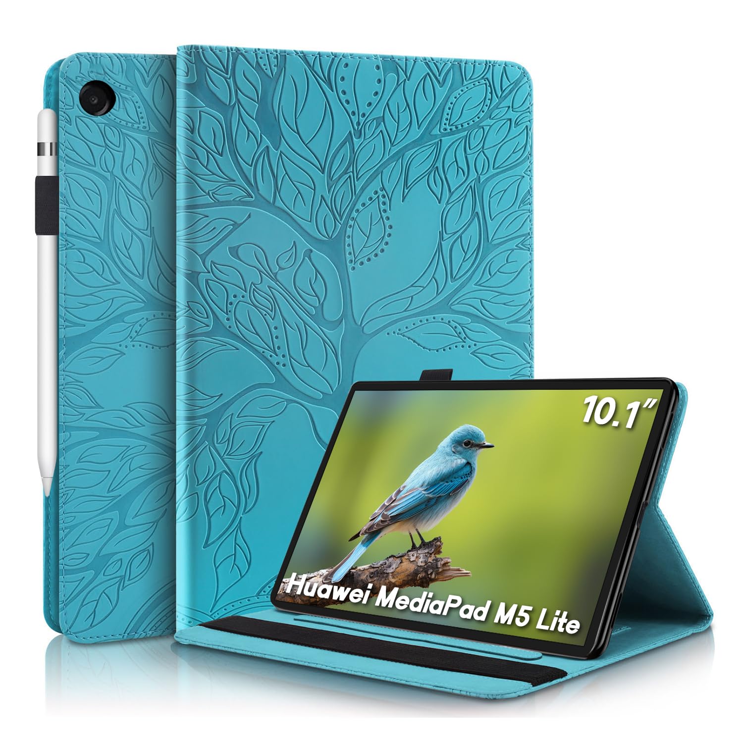 Aswant Huawei Mediapad M5 Lite 10 Case Embossed Tree PU Leather Wallet Book Style Flip Cover Stand Card Slot Tablet Protective Case for Huawei Mediapad M5 Lite/C5 10.1 Inch 2018 - Blue