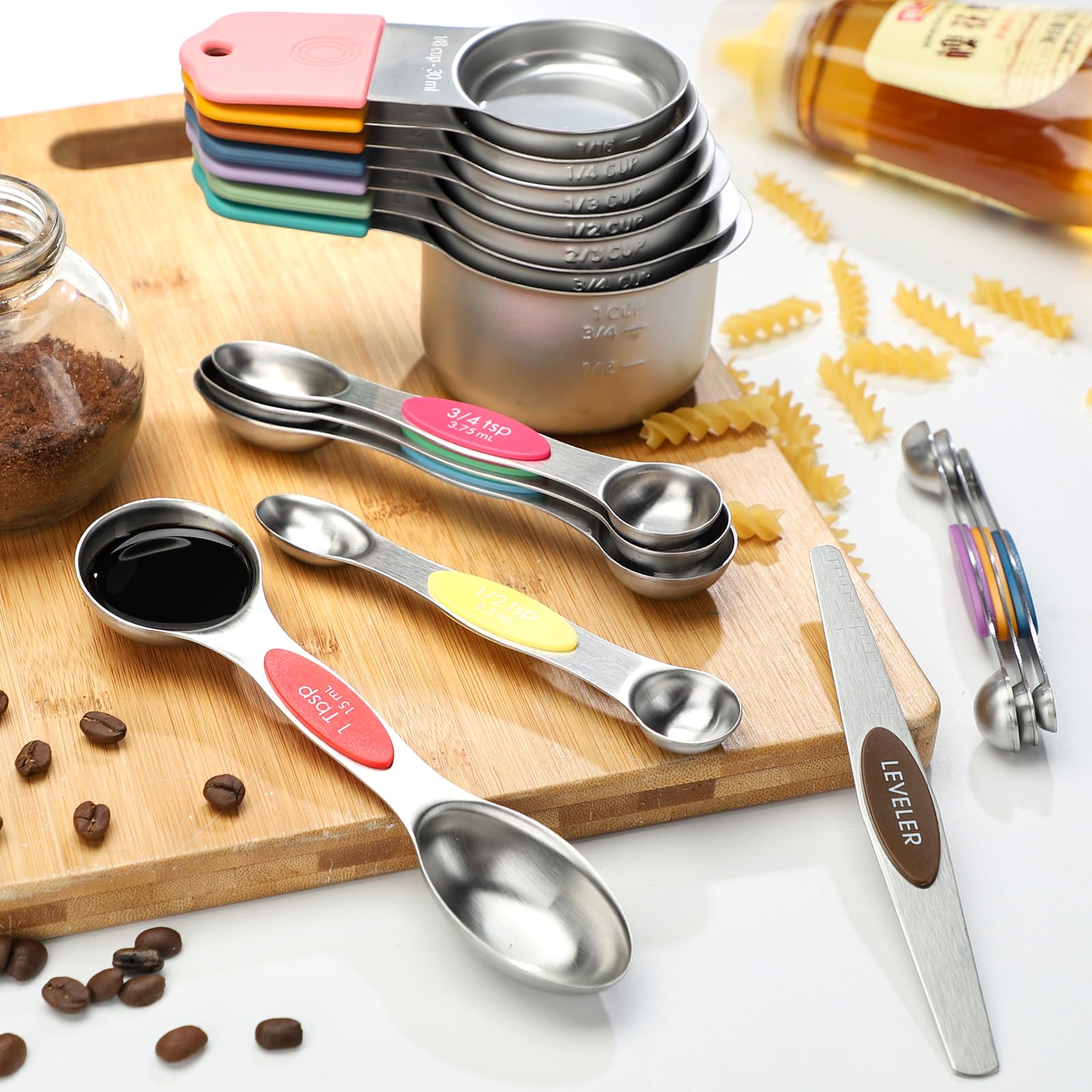 Magnetic Measuring Cups and Spoons Set of 16 Including 7 Stainless Steel Stackable Magnetic Measuring Cup 8 Magnetic Measuring Spoon with Leveler for Measuring Dry Liquid Ingredient