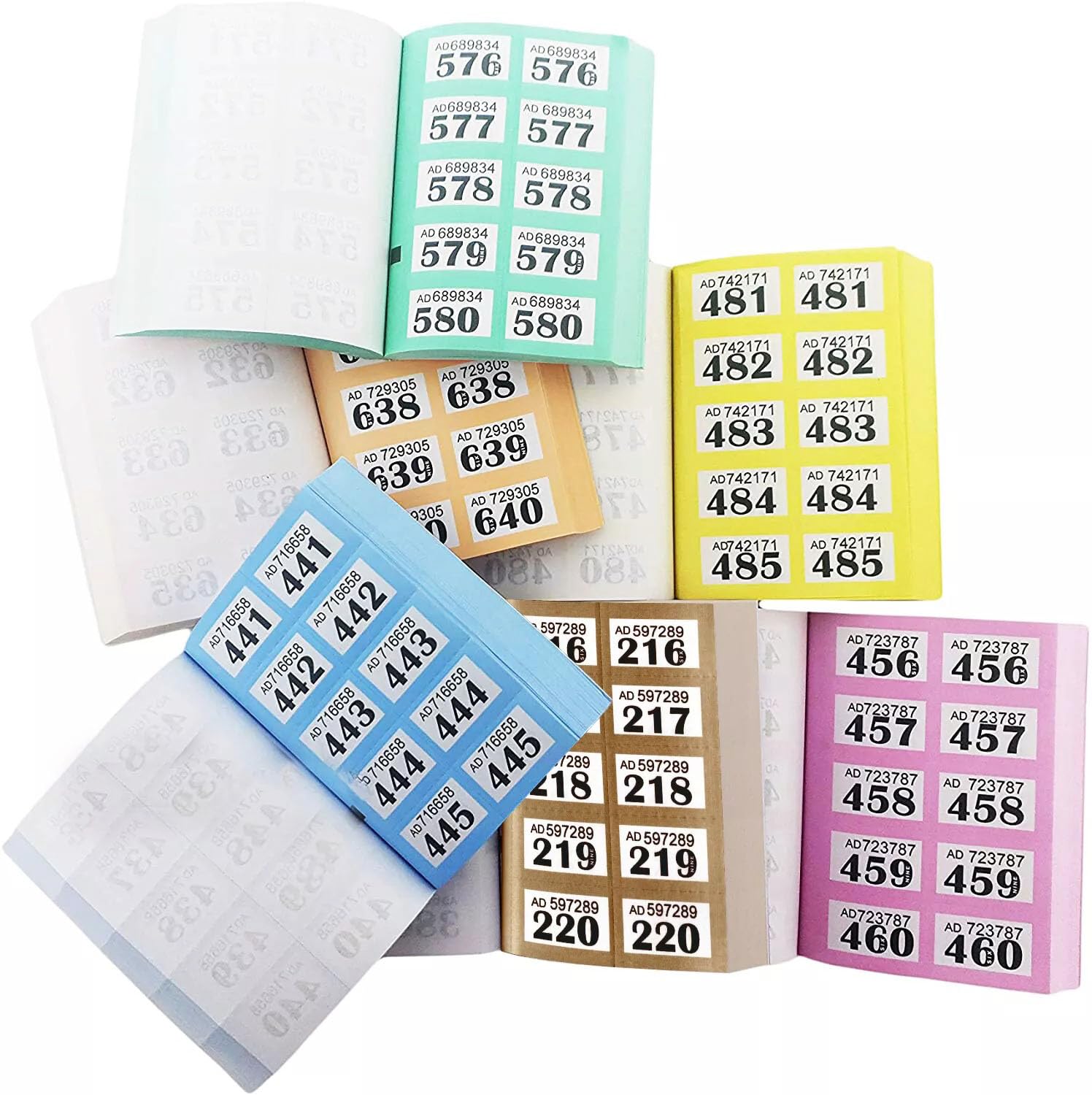 Sixstore Set of 6 Cloakroom and Raffle Tickets Books 1-1000 Tombola Draw Numbered Charity Events Prize, Lucky Number Draws, Coloured Tickets with Perforated Tear Lines