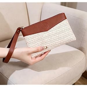Straw Wristlet Wallet, Small Summer Beach Clutch Purse with Wrist Strap, Lightweight Woven Zipper Pouch Card Holder for Women