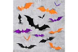 LOLStar 72PCS Halloween Bats Decoration, 4 Different Sizes Realistic PVC Black Purple and Orange 3D Bat Stickers for Summerween Home Decor DIY Wall Decal Indoor, Outdoor Halloween Party Supplies
