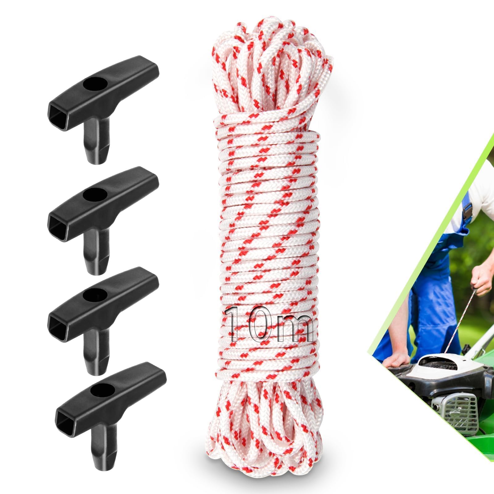 TXXATX 3.5mm Lawnmower Pull Cord 10m/32.8Ft Pull Cord for Petrol Lawnmower With 4 Pcs Pull Cord Handle Recoil Starter Rope Replacement Universal Engine Starter for Petrol Lawnmower Chainsaw Trimmer