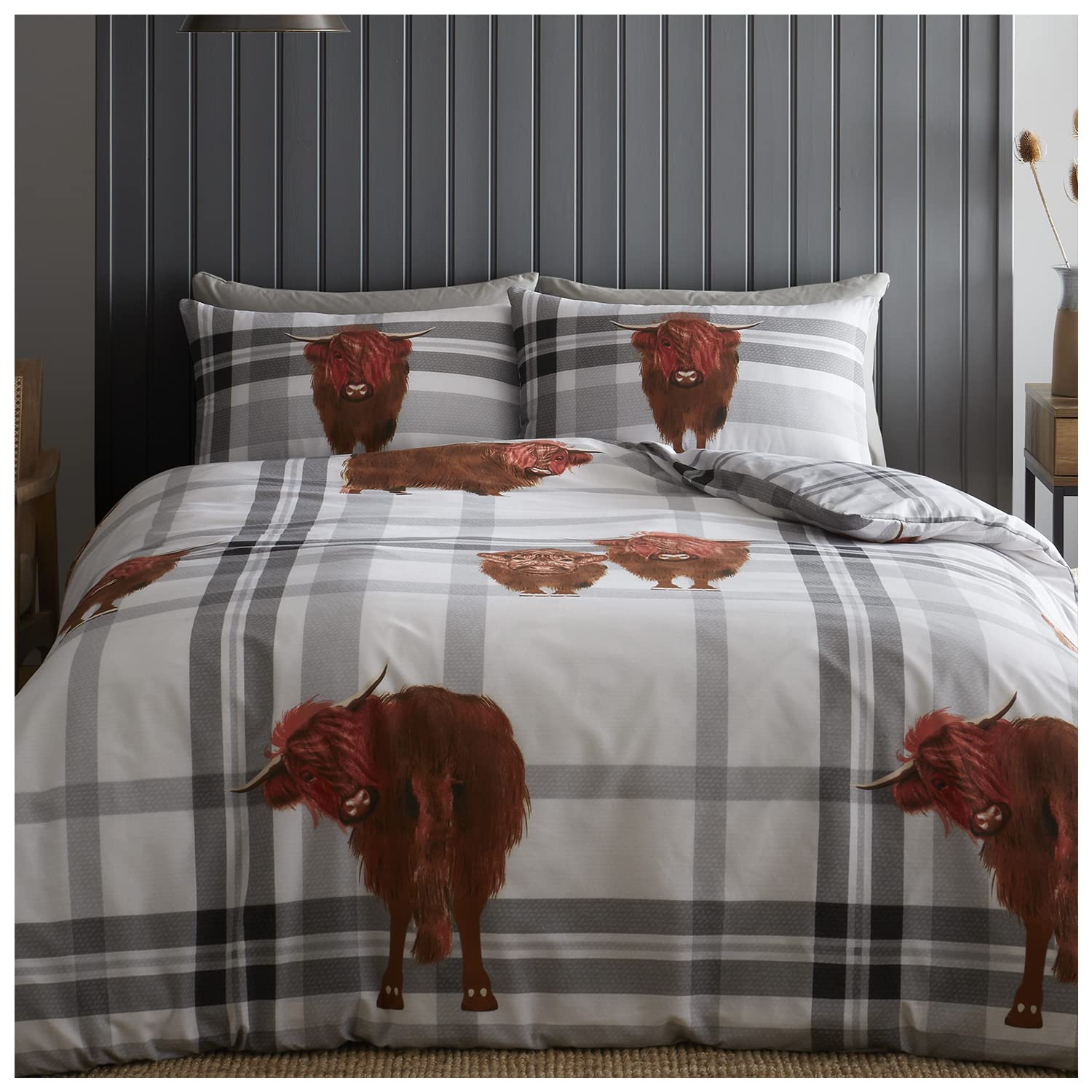 GC GAVENO CAVAILIA Easy Care Tartan Duvet Cover Single, Breathable Highland Cow Bedding Quilt Covers With Pillow Case, Grey (716501)