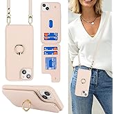 Lipvina for iPhone 15 Case with Card Holder and Strap for Women,Crossbody Lanyard,Stand Ring Kickstand,Snap Clasp,Phone Wallet Cases 6.1 inch(Beige)