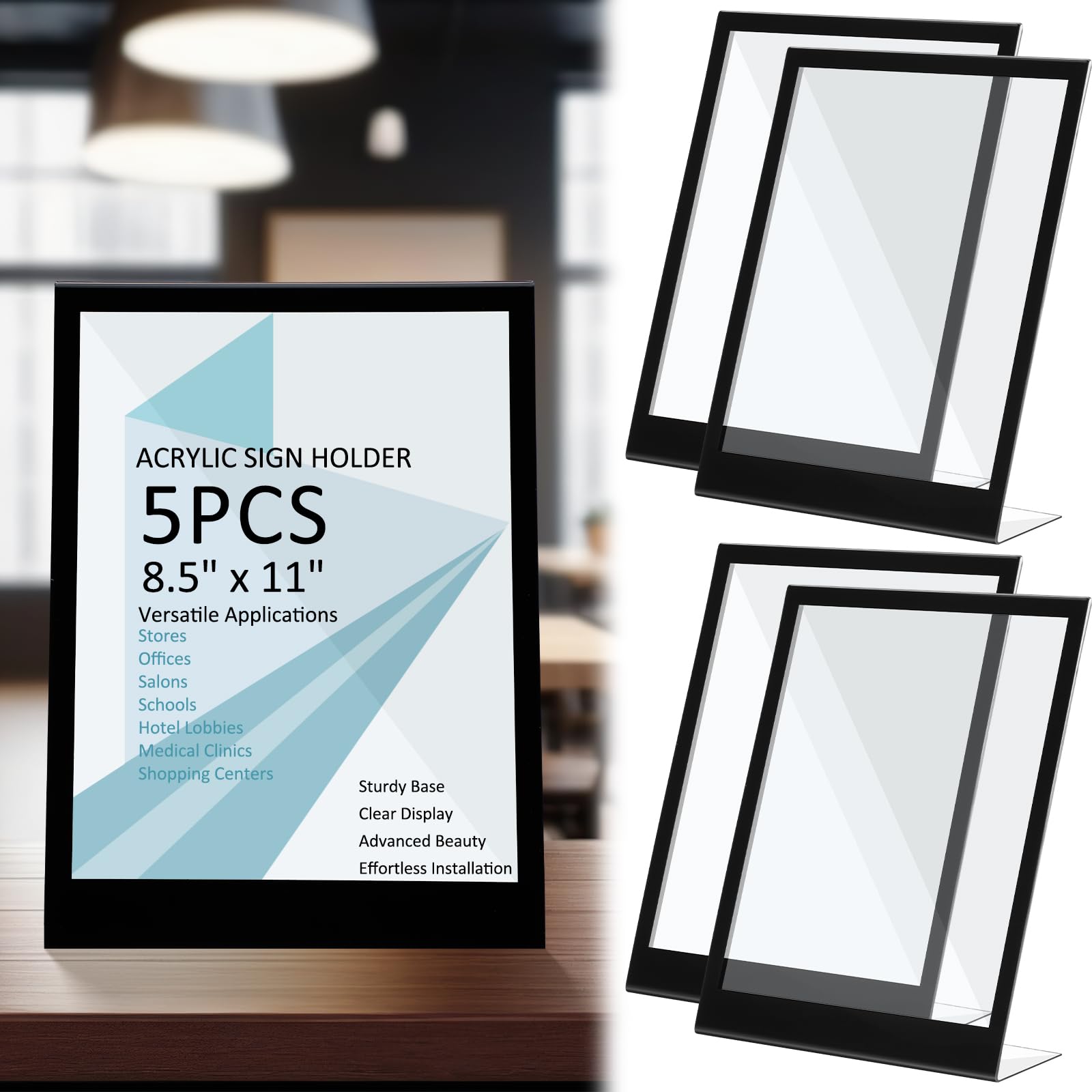 Photo 1 of Kathfly 5 Pack Black Acrylic Sign Holder 8.5 x 11 - Slant Back Tabletop Display Stand for Menus, Flyers, Posters, Pricing & Event Signs - Durable Countertop Frame for Restaurant, Retail & Office