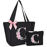 Vavabox Tote Bag, A-Z Initial Monogrammed Waterproof Tote Bag, Bridesmaid Gifts for Women, Black and Pink