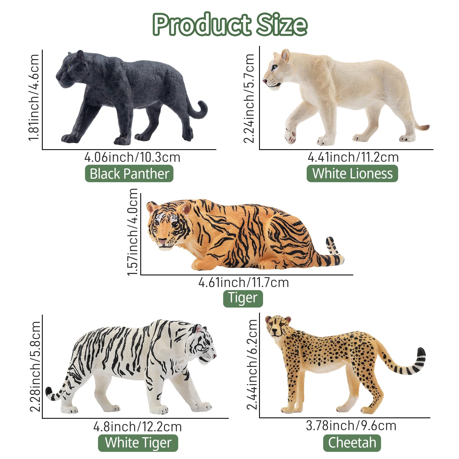 TOYMANY 12 Stück Großkatzen Dschungel Tiere-Figuren und Baumstamm Set,Realistische Löwen Tiger Geparden und Leopardfiguren, Plastiktiere Zoo Dschungel Wald Tierfiguren für Kinder 5
