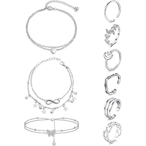 JFORYOU Toe Rings and Ankle Bracelets for Women Silver Toe Rings Ankle Set Butterfly Pearl Layered Chains Heart Open Adjustab